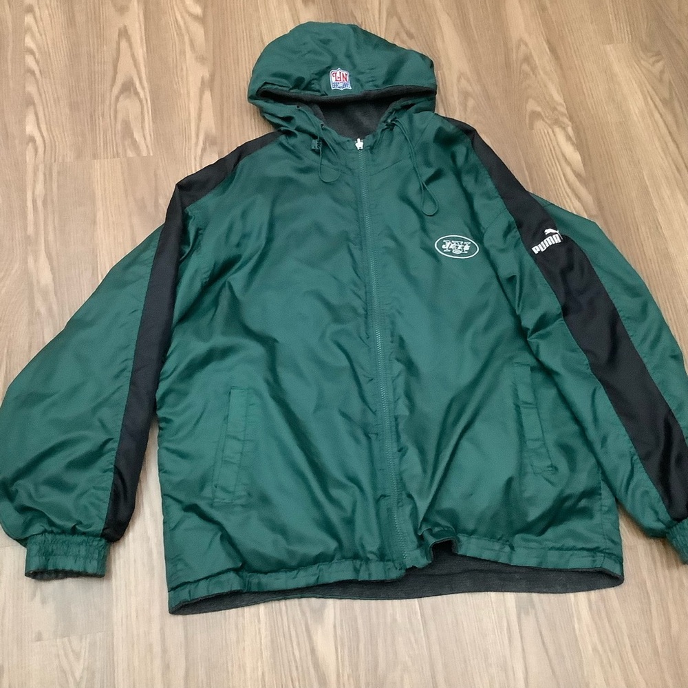 New York Jets On Field Puma Vintage NFL Reversible Hooded Jacket Men Size L Read